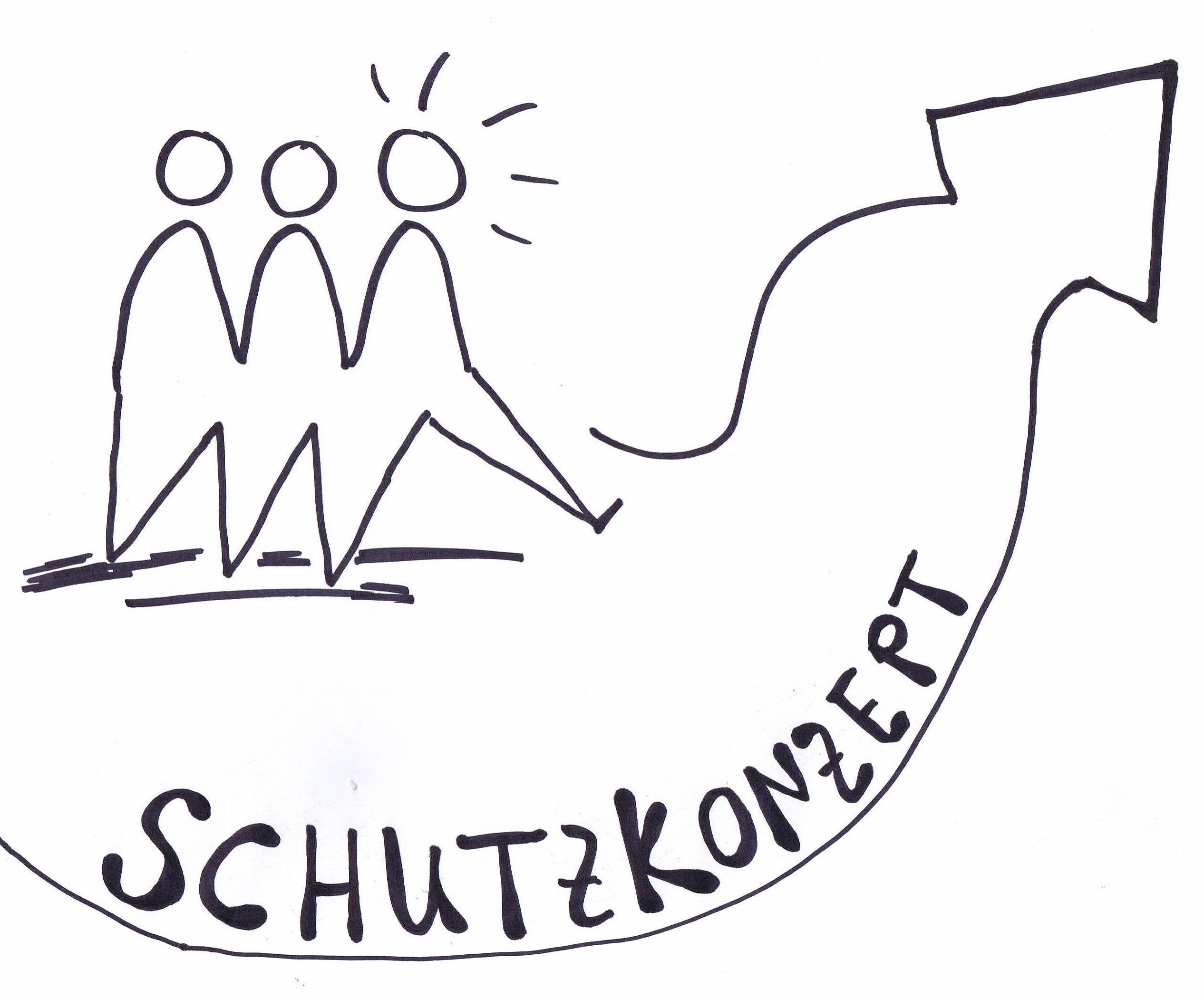 Drei stilisierte Figuren symbolisieren ein Schutzkonzept, während eine Pfeilrichtung Fortschritt anzeigt.