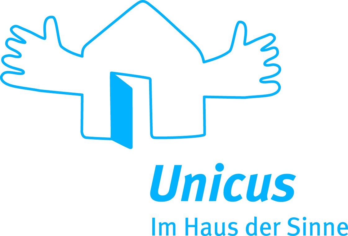Das stilisierte blaue Logo zeigt ein Haus mit offenen Händen und dem Schriftzug "Unicus - Im Haus der Sinne".