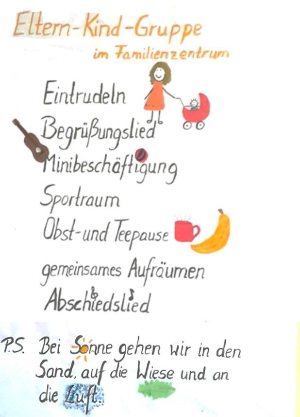 Ein bunter Ablaufplan zeigt Aktivitäten der Eltern-Kind-Gruppe im Familienzentrum, von Begrüßung bis Abschiedslied.
