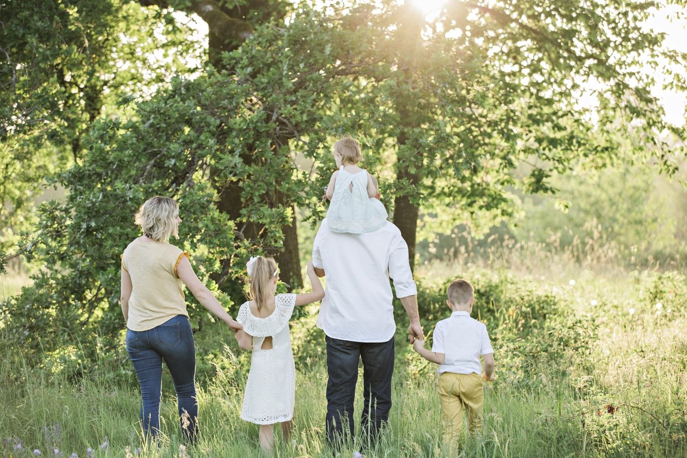 Eine Familie mit zwei Kindern genießt einen sonnigen Tag in der Natur, während sie zusammen in Richtung eines Baumes spazieren.