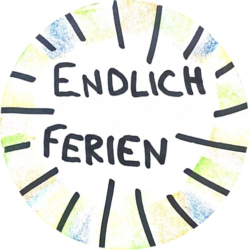 Ein bunter, handgezeichneter Kreis mit der Aufschrift "Endlich Ferien" strahlt Freude und Entspannung aus.